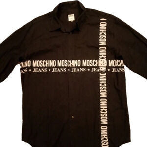 Moschino Jeans Vintage Men's Signature Graphic Black Dress Shirt Top Y2K sz M